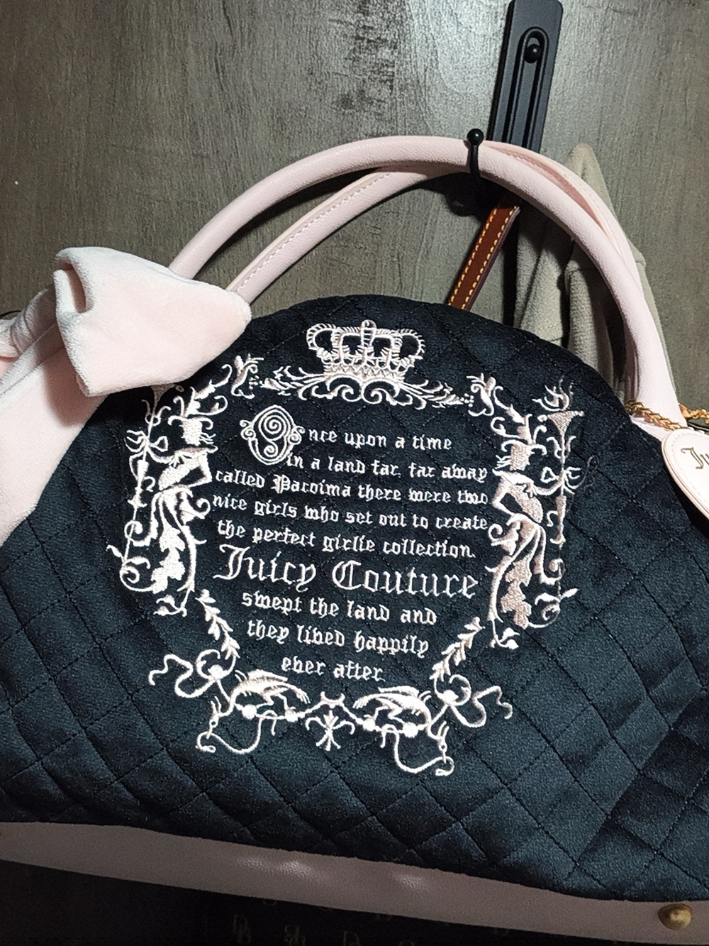 Juicy Couture Black Quilted Satchel with Light Pink Handles and Trim